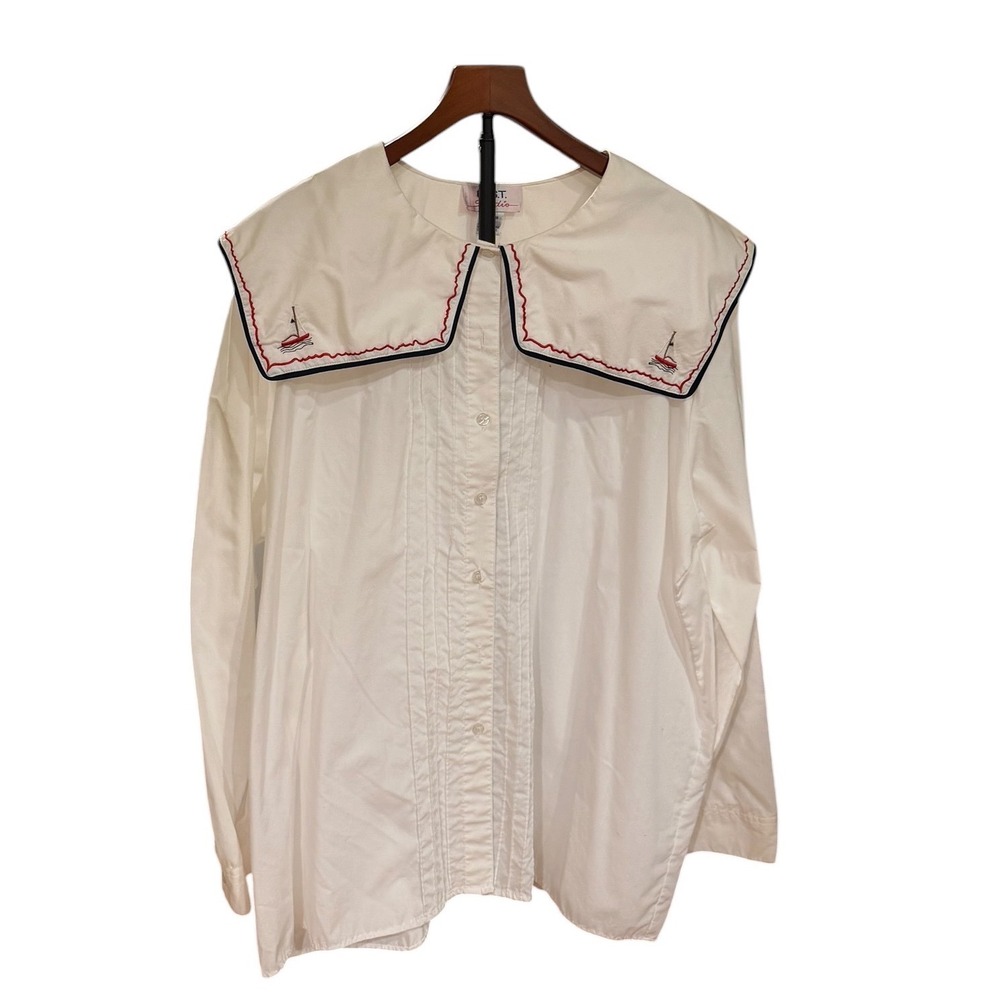 Vtg CST Studio Vintage Sailor Collar Blouse cottagecore Embroidered Sailboat 26W